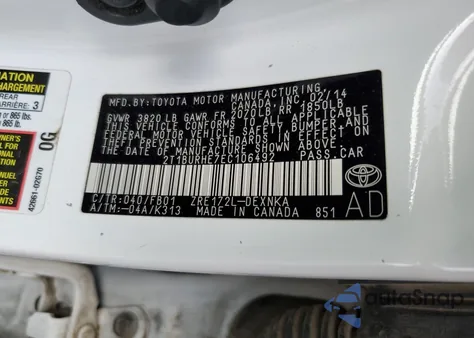 2014 Toyota Corolla L z USA, uszkodzony, nr VIN 2T1BURHE7EC106492